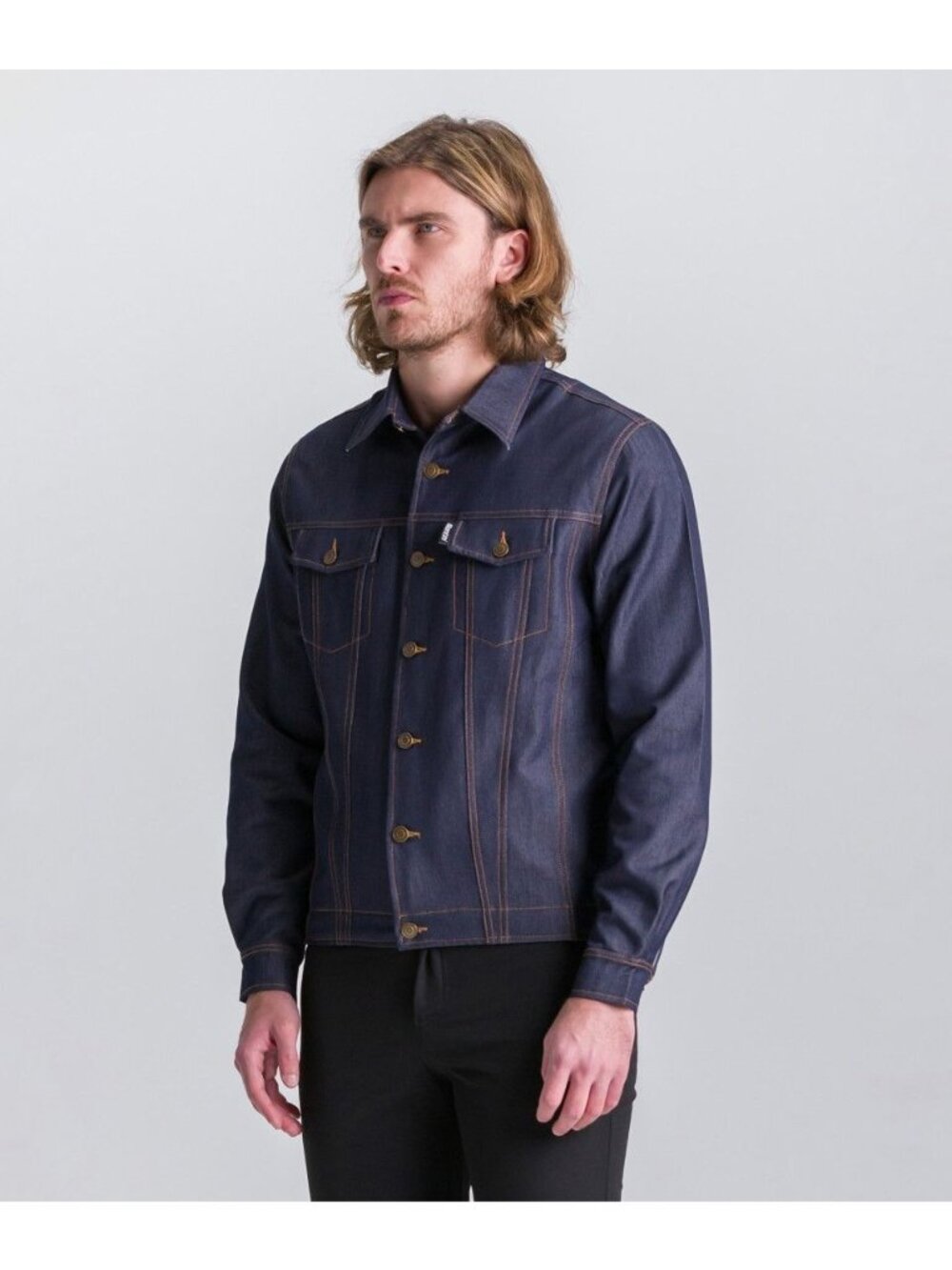Thunder Trucker Jacket Size Large Blue 100% Cotton Pink Stitching Chest Pockets
